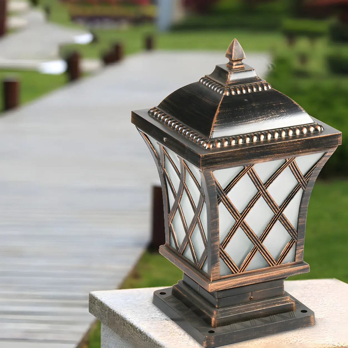 Vintage Bronze Finish Pillar Lantern Outdoor Table Lamp Image - 1