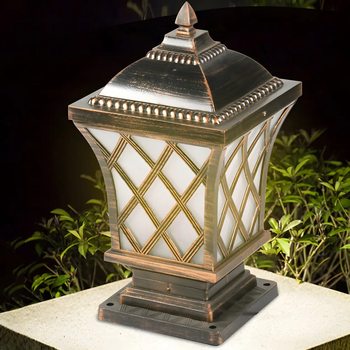 Vintage Bronze Finish Pillar Lantern Outdoor Table Lamp Image - 2