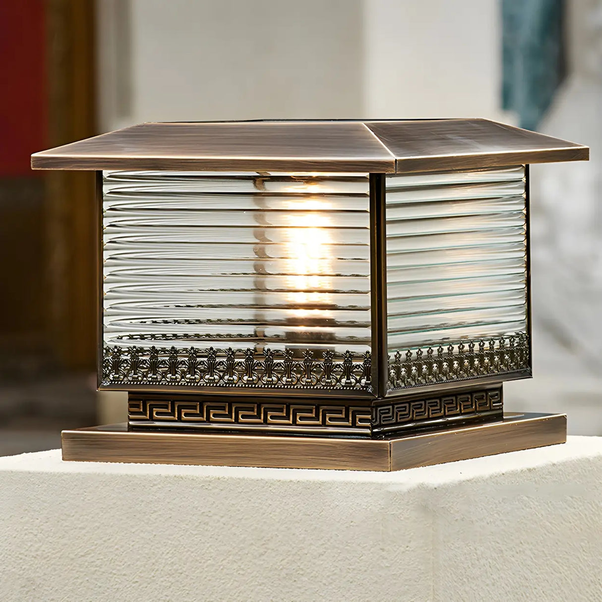 Vintage Bronze Finish Square Glass Solar Outdoor Lamp Image - 3