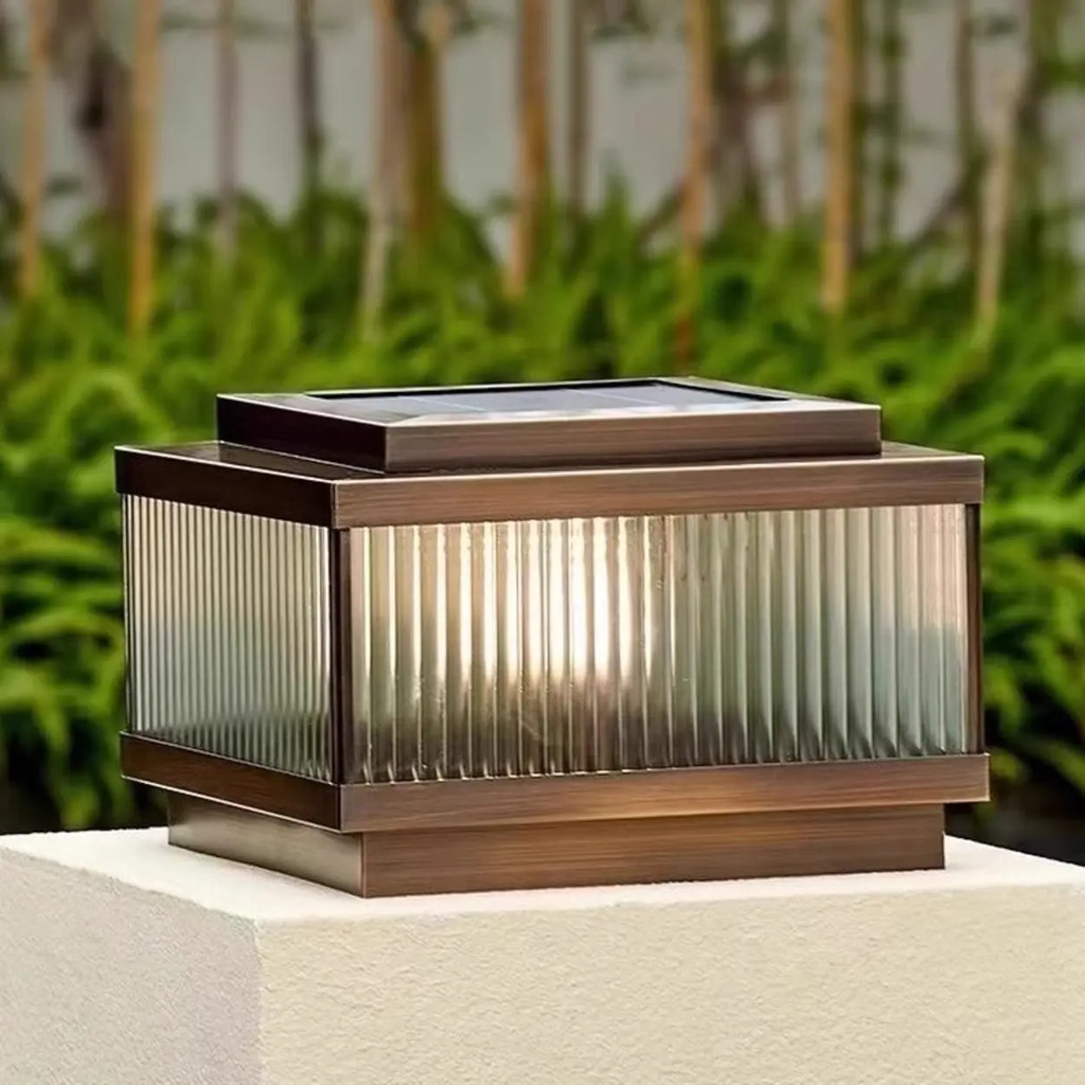Vintage Bronze Square Glass Solar Outdoor Table Lamp Image - 4