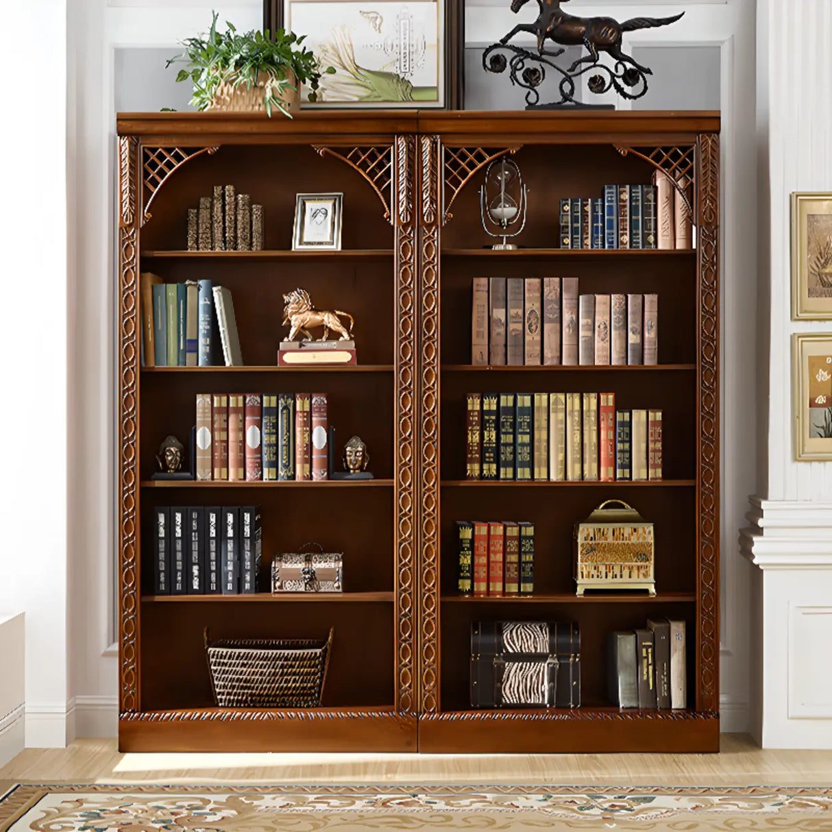 Vintage Brown Rubberwood Vertical Closed Back Bookcase Image - 1