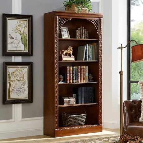 Vintage Brown Rubberwood Vertical Closed Back Bookcase Image - 2