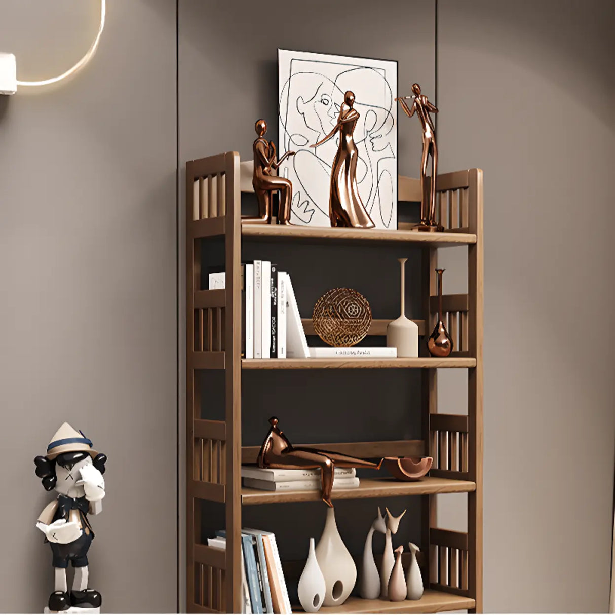 Vintage Brown Rubberwood Vertical Display Bookshelf Image - 7