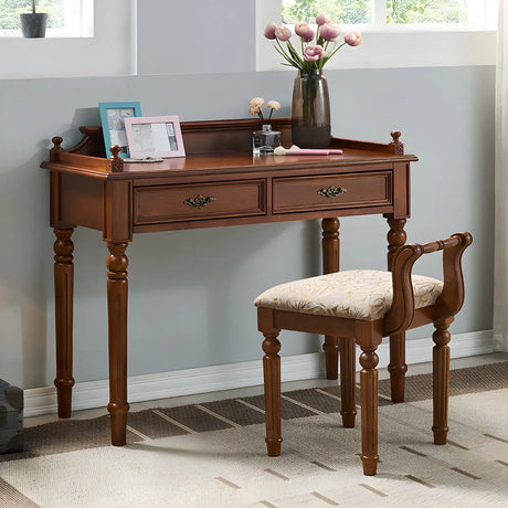 Vintage Brown Rubberwood Writing Desk with Drawers Image - 1