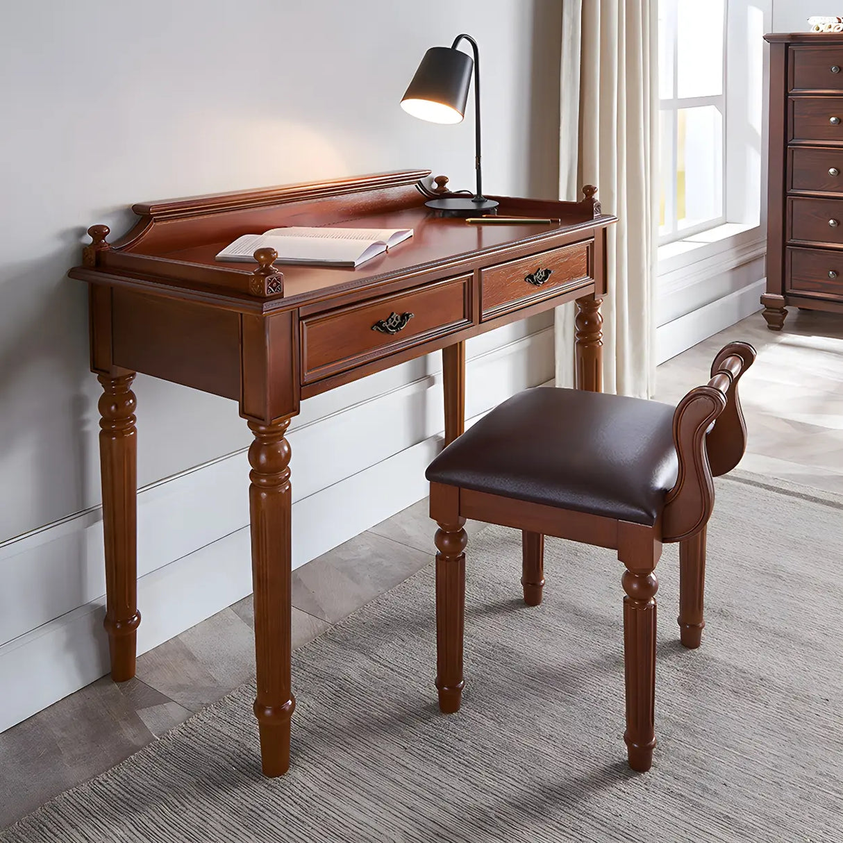 Vintage Brown Rubberwood Writing Desk with Drawers Image - 11