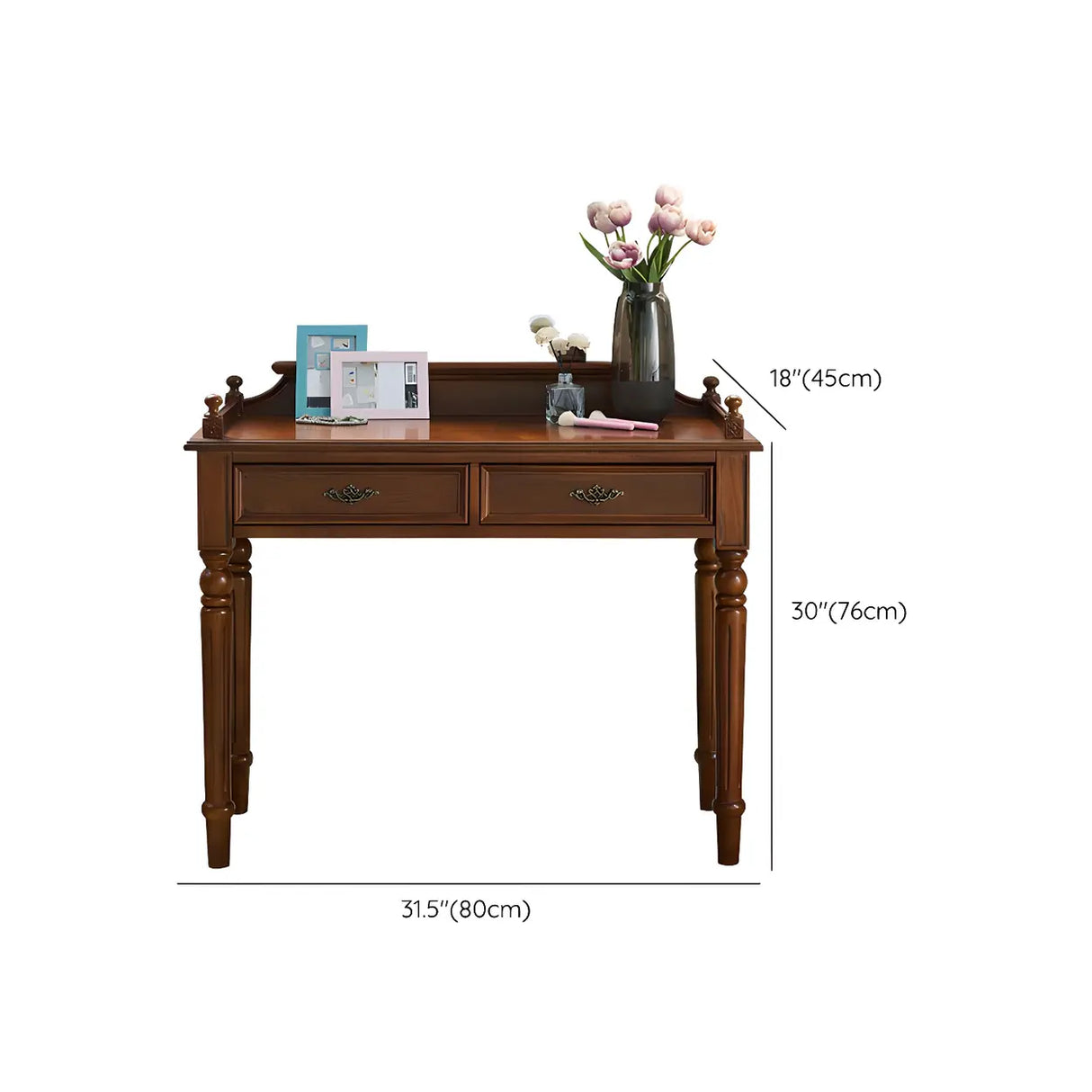 Vintage Brown Rubberwood Writing Desk with Drawers 