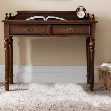 Vintage Brown Rubberwood Writing Desk with Drawers Image - 2