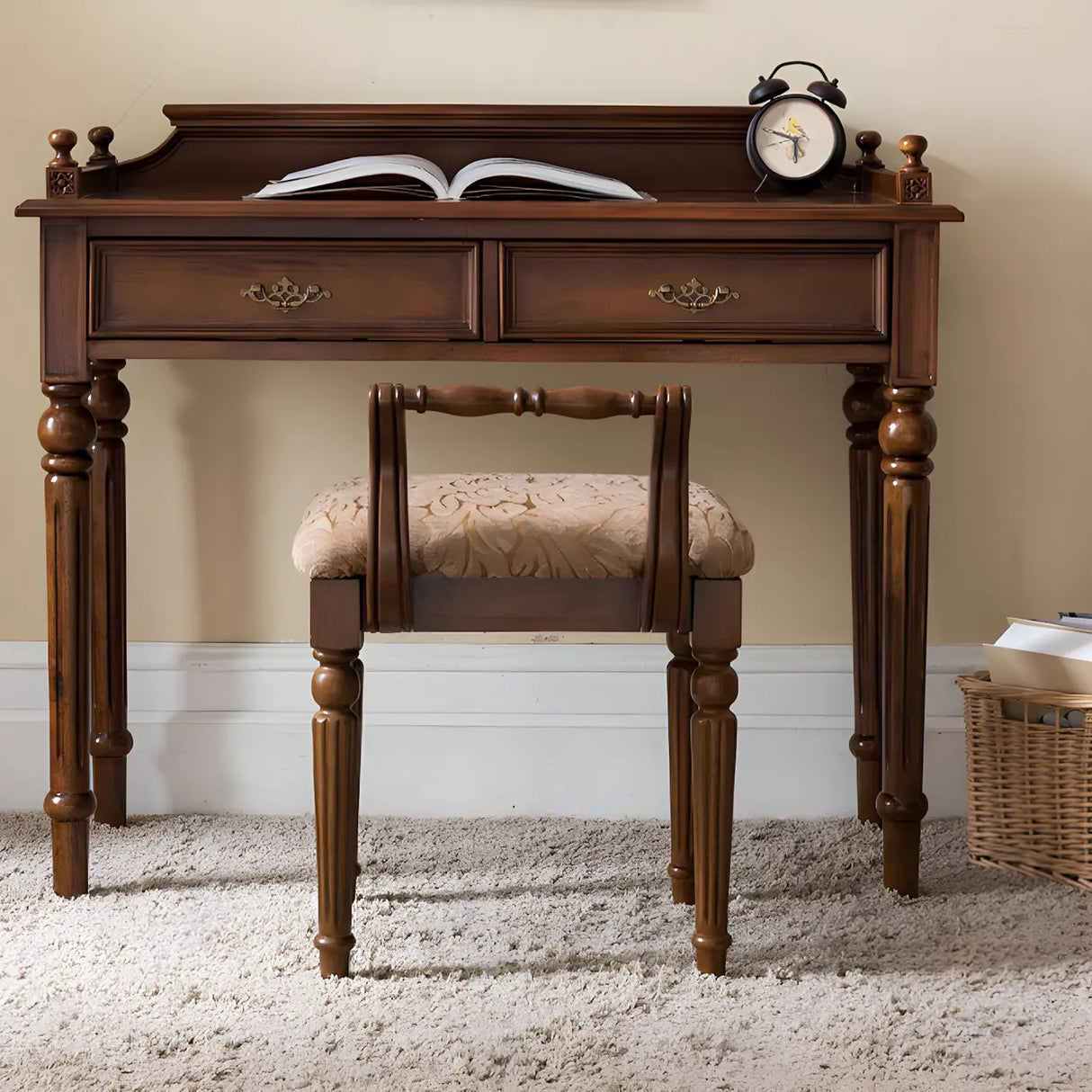 Vintage Brown Rubberwood Writing Desk with Drawers Image - 3
