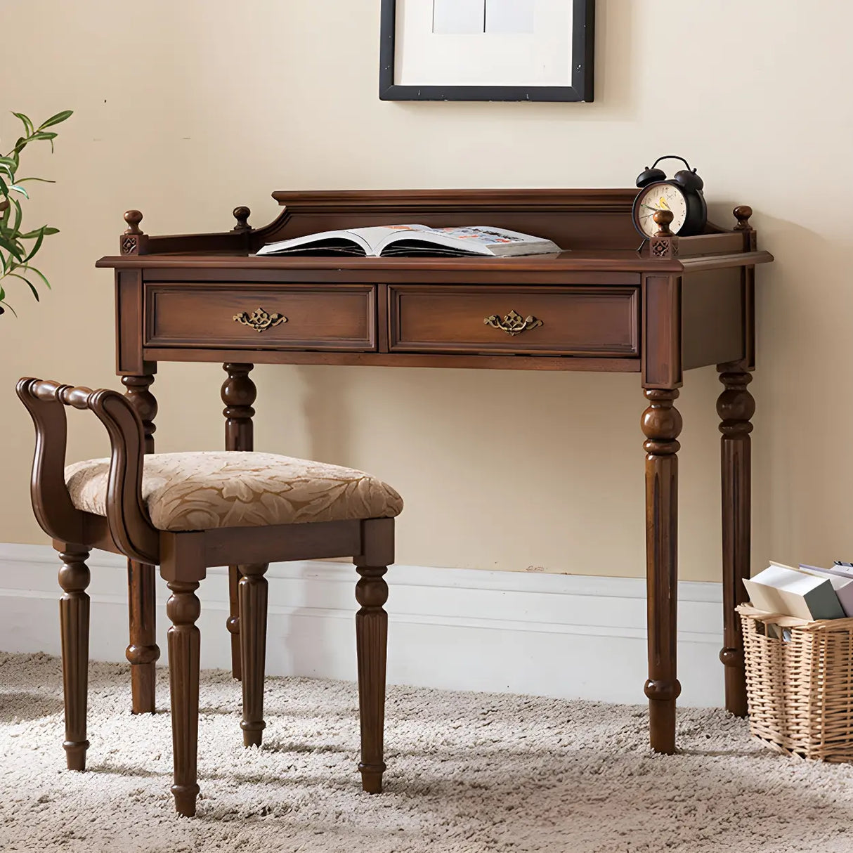 Vintage Brown Rubberwood Writing Desk with Drawers Image - 4