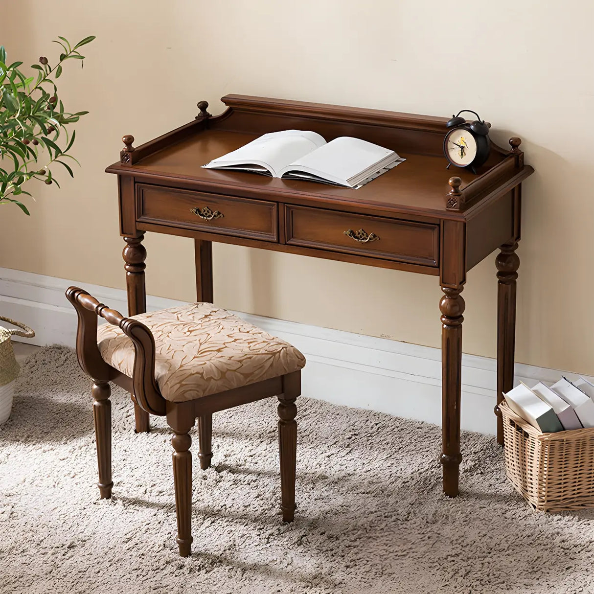 Vintage Brown Rubberwood Writing Desk with Drawers Image - 5