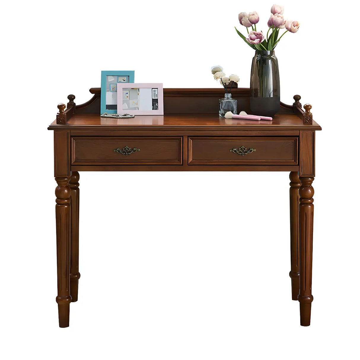 Vintage Brown Rubberwood Writing Desk with Drawers Image - 6