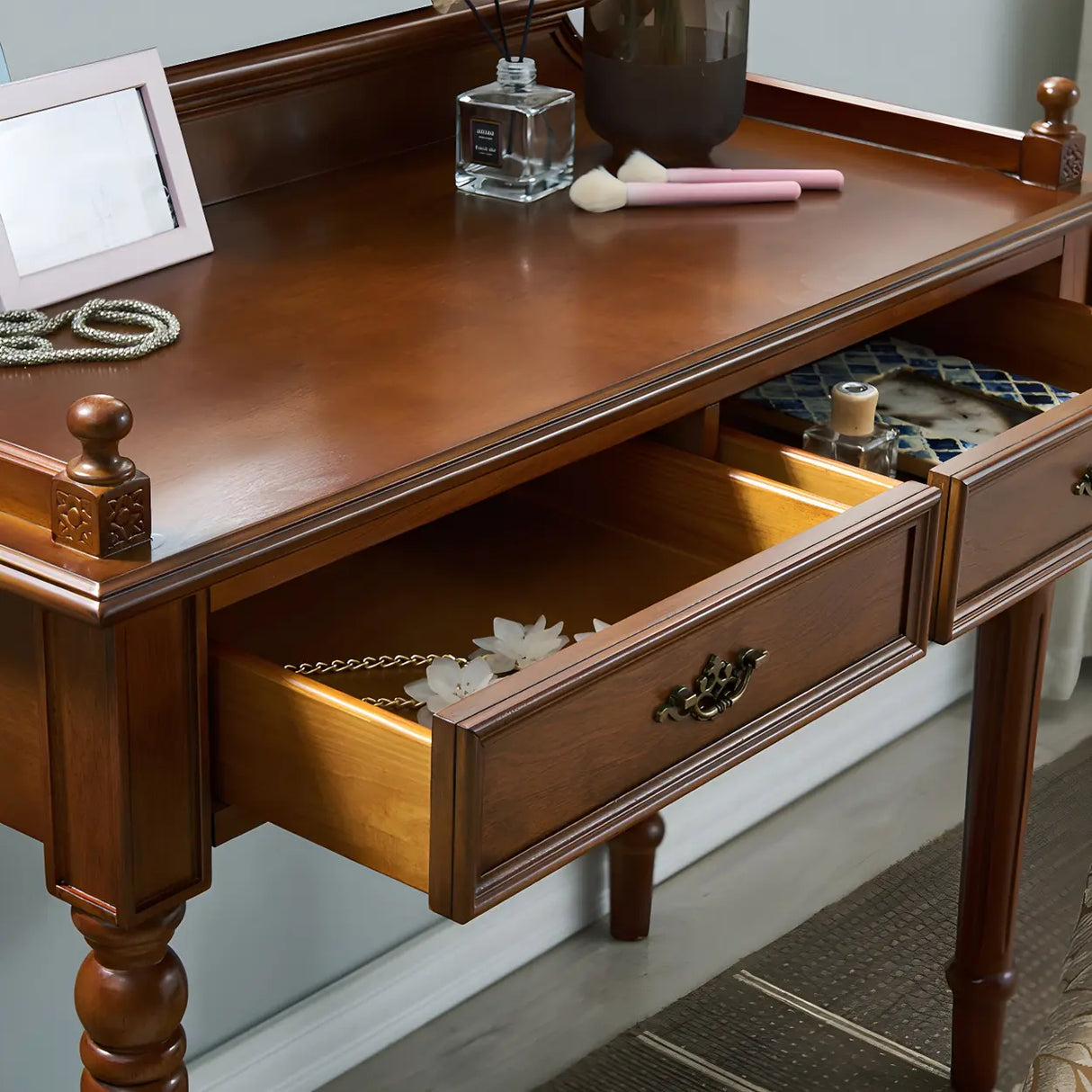 Vintage Brown Rubberwood Writing Desk with Drawers Image - 7
