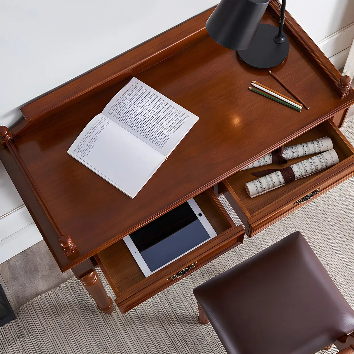 Vintage Brown Rubberwood Writing Desk with Drawers Image - 8