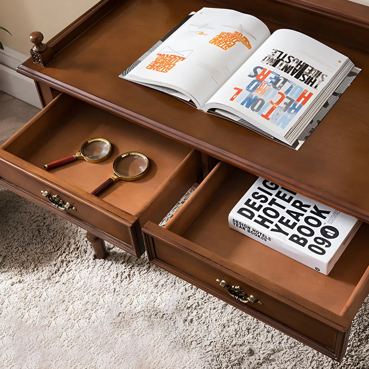 Vintage Brown Rubberwood Writing Desk with Drawers Image - 9