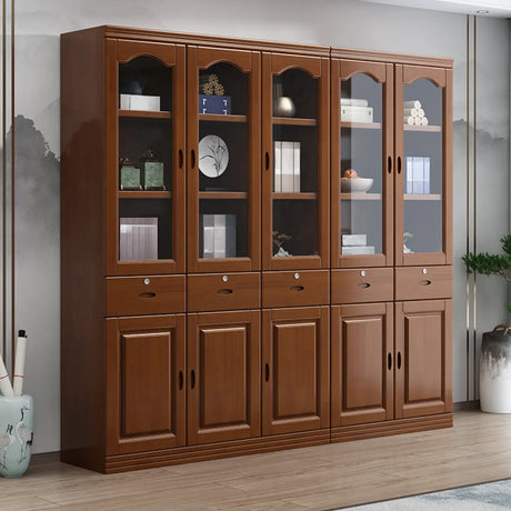Vintage Brown Wood Drawers Glass Doors Tall Bookcase Image - 1