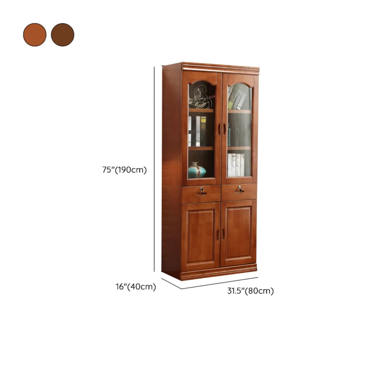 Vintage Brown Wood Drawers Glass Doors Tall Bookcase 