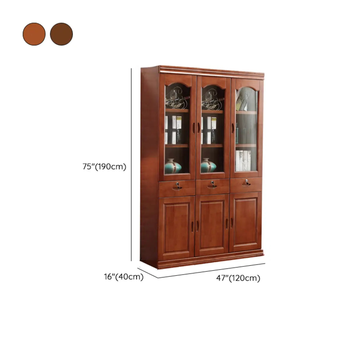 Vintage Brown Wood Drawers Glass Doors Tall Bookcase Image - 14