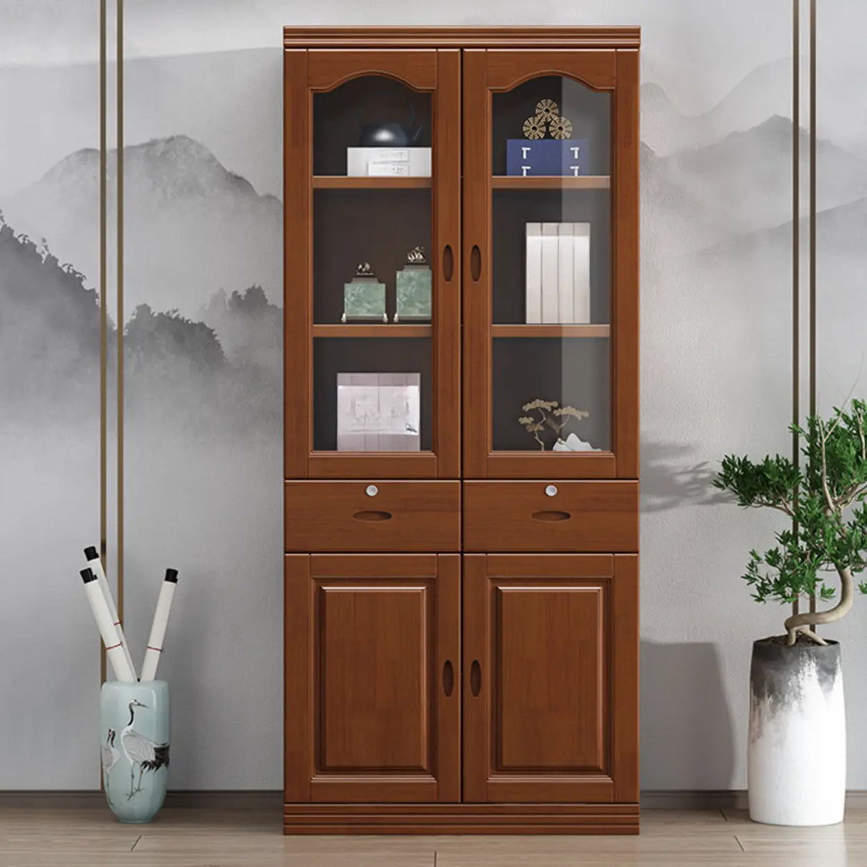Vintage Brown Wood Drawers Glass Doors Tall Bookcase Image - 2