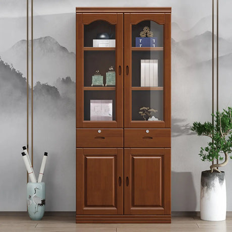 Vintage Brown Wood Drawers Glass Doors Tall Bookcase Image - 2