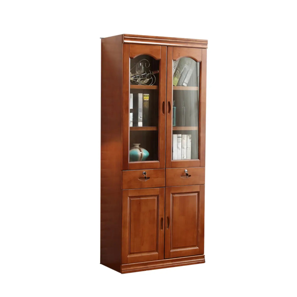 Vintage Brown Wood Drawers Glass Doors Tall Bookcase Image - 3