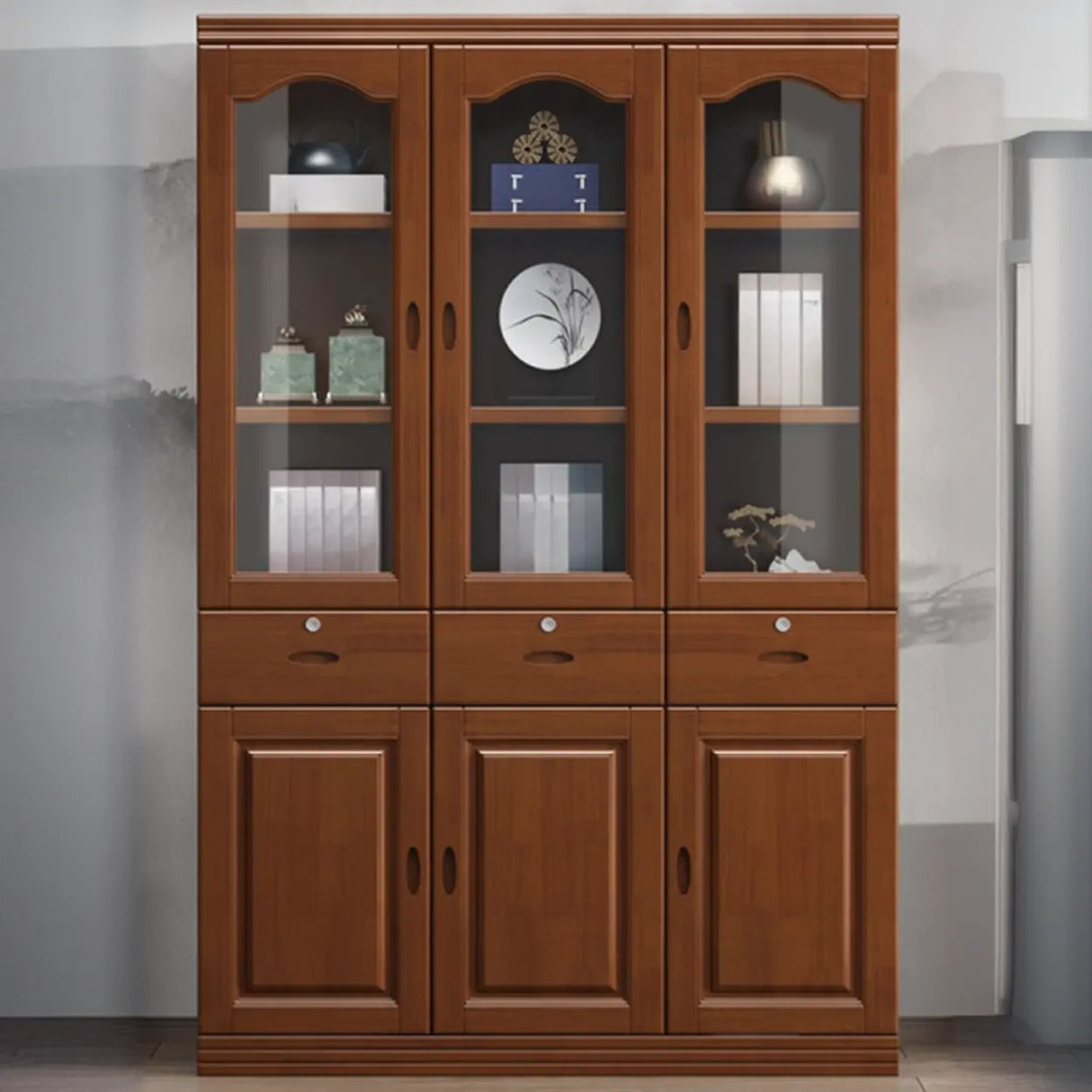 Vintage Brown Wood Drawers Glass Doors Tall Bookcase Image - 4