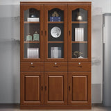 Vintage Brown Wood Drawers Glass Doors Tall Bookcase Image - 4