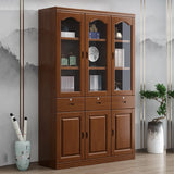 Vintage Brown Wood Drawers Glass Doors Tall Bookcase Image - 5