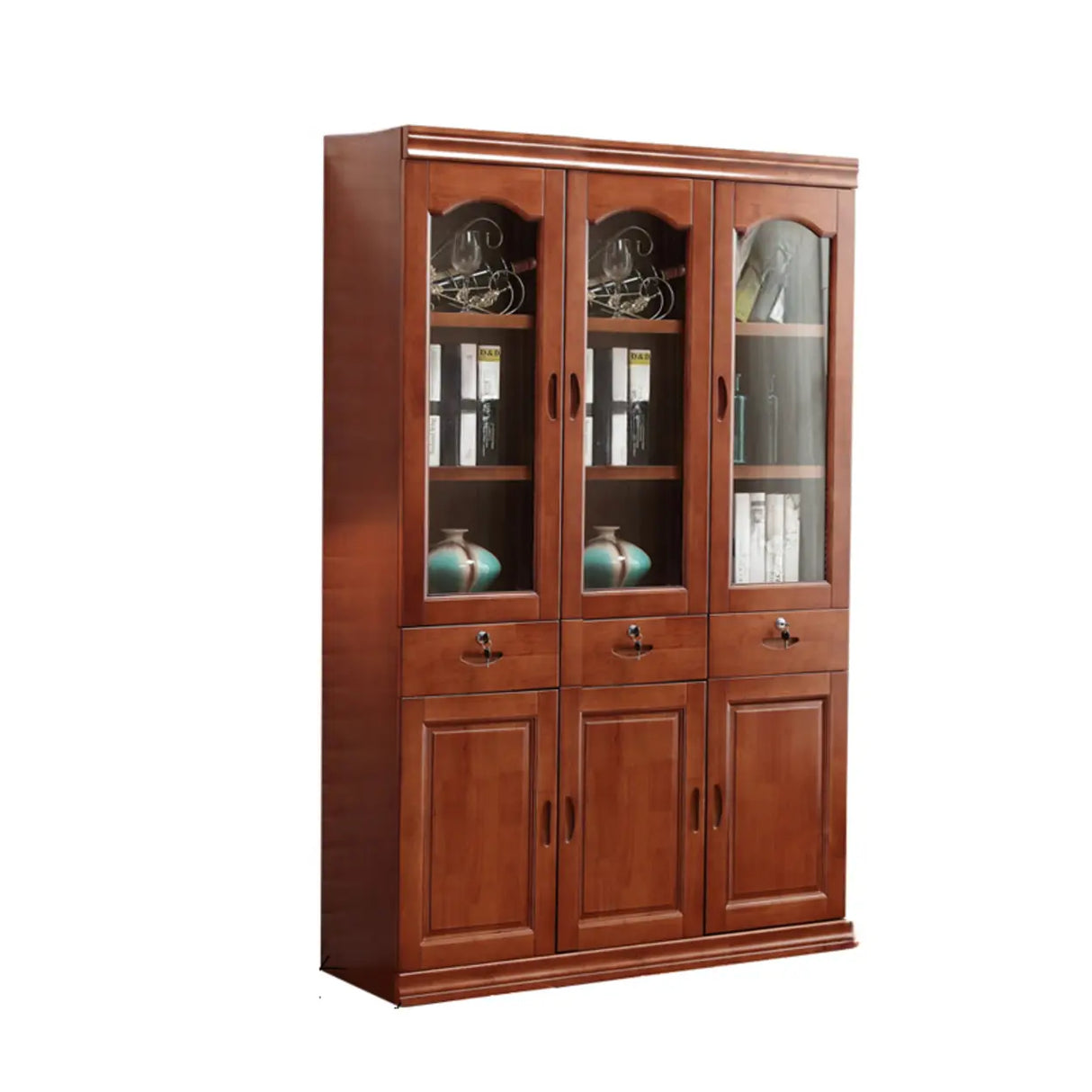 Vintage Brown Wood Drawers Glass Doors Tall Bookcase Image - 7
