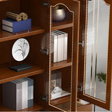 Vintage Brown Wood Drawers Glass Doors Tall Bookcase Image - 8