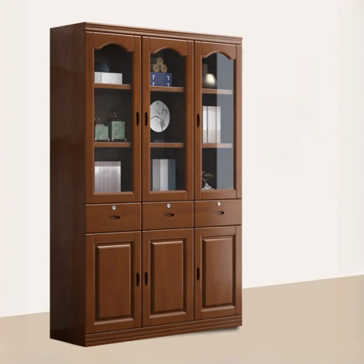 Vintage Brown Wood Drawers Glass Doors Tall Bookcase Image - 9