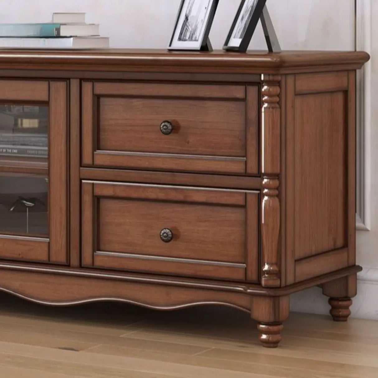 Vintage Brown Wood Rectangle Long TV Stand with Storage Image - 10