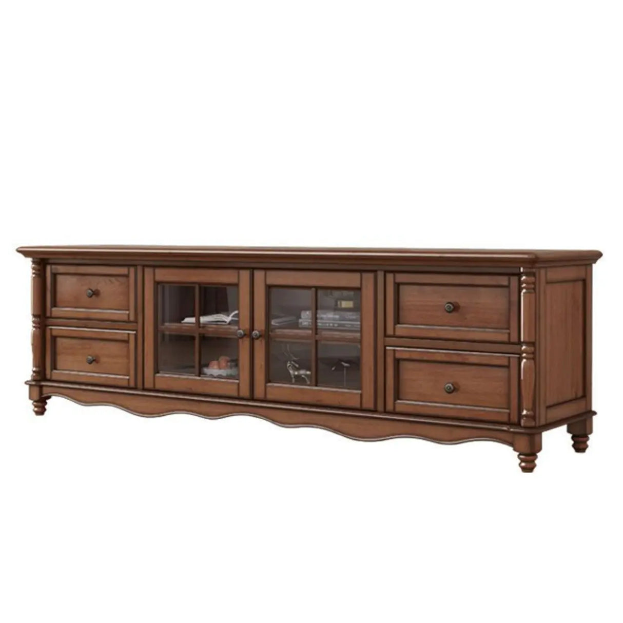 Vintage Brown Wood Rectangle Long TV Stand with Storage Image - 5