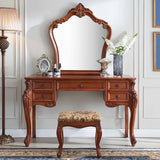 Vintage Carved Wood Bedroom Brown 4-Drawer Makeup Vanity Image - 2
