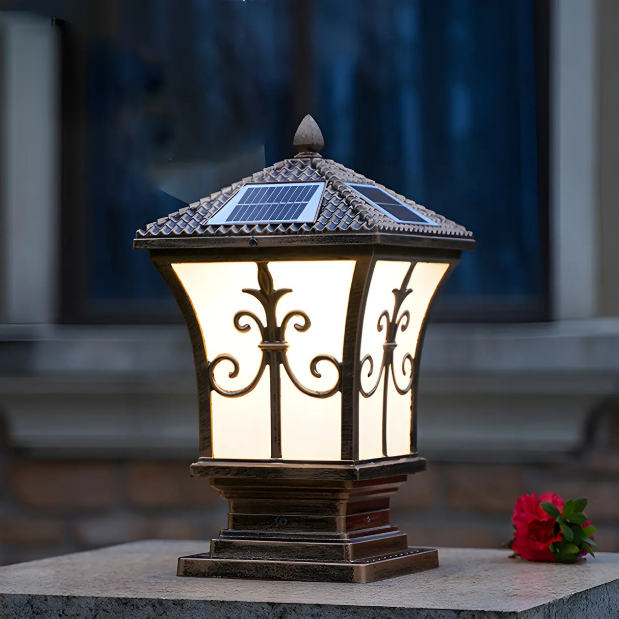 Vintage Cast Aluminum Solar Garden Lantern Outdoor Lamp Image - 3