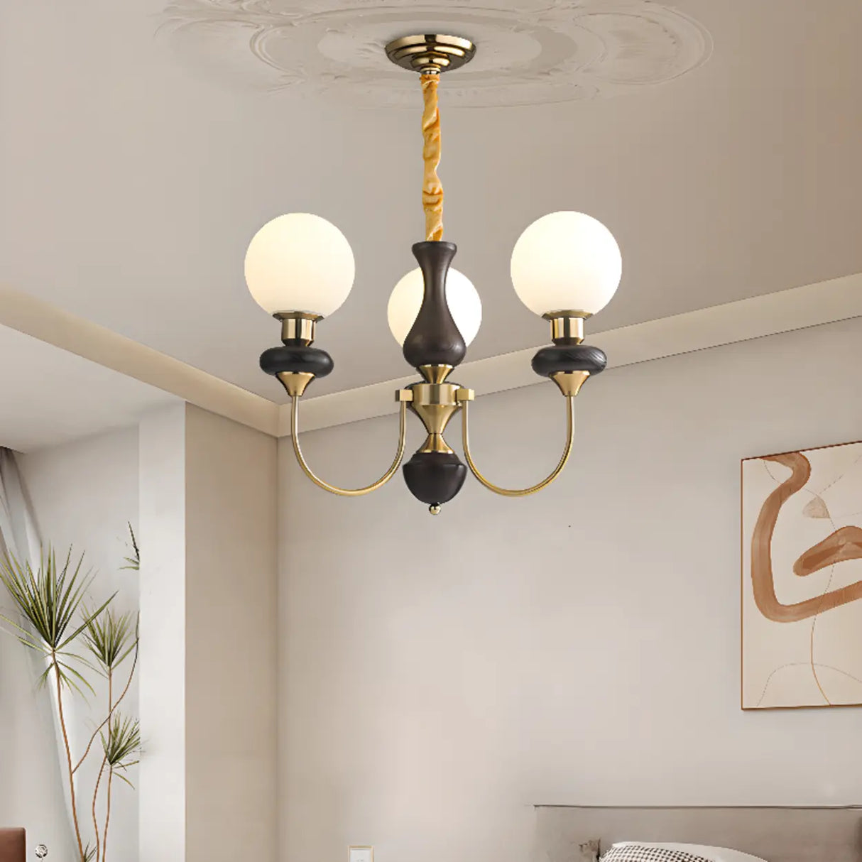 Vintage Chandelier Glass Brass Living Room 6 Lights Image - 3
