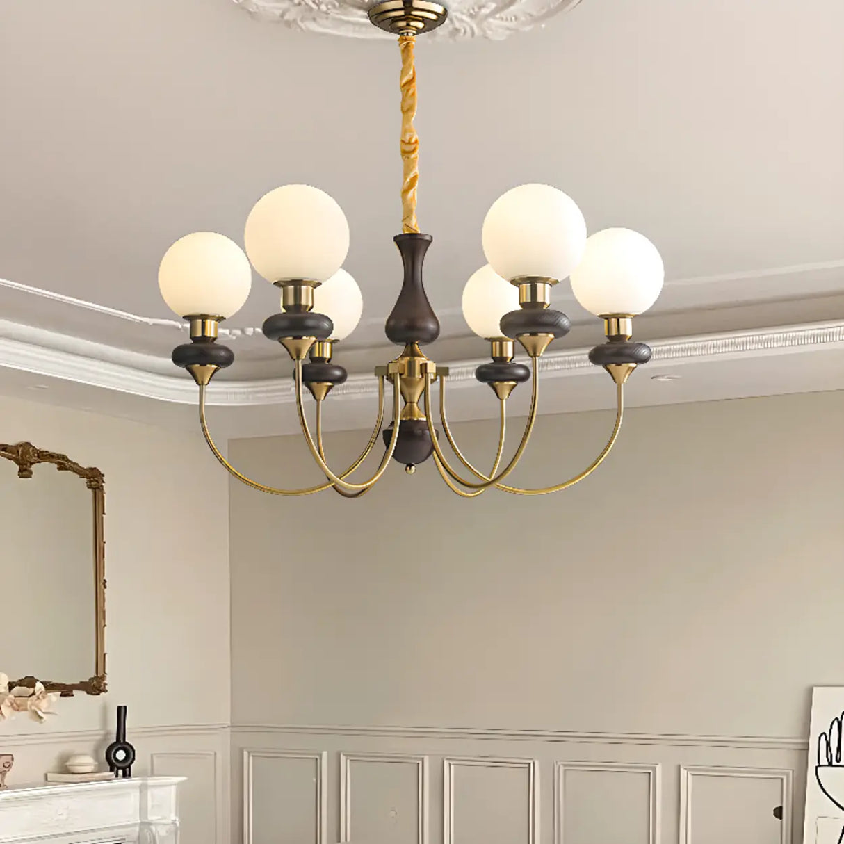 Vintage Chandelier Glass Brass Living Room 6 Lights Image - 4