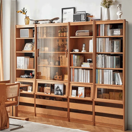 Vintage Cherry Wood Glass Doors Tall Storage Bookcase Image - 1