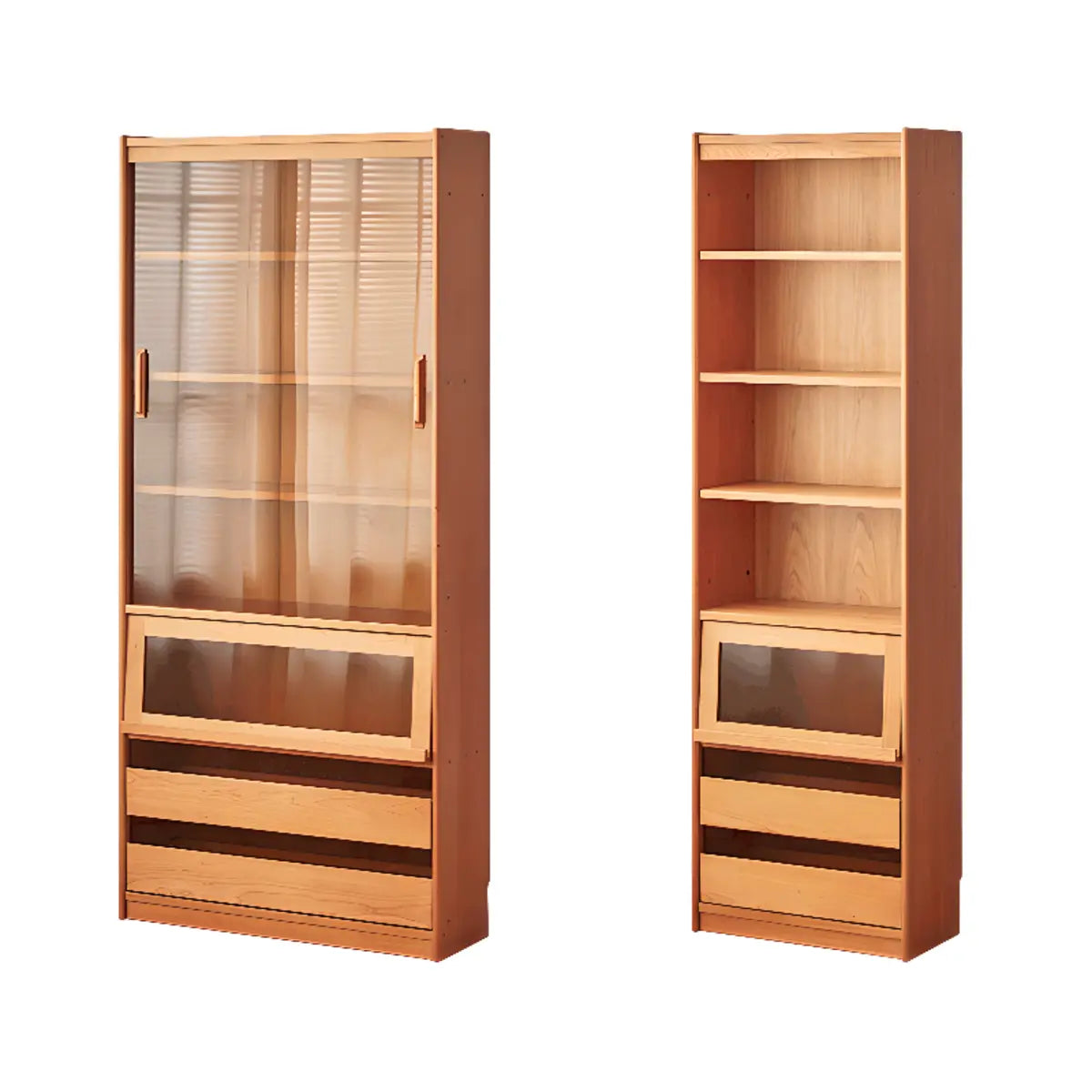 Vintage Cherry Wood Glass Doors Tall Storage Bookcase Image - 10
