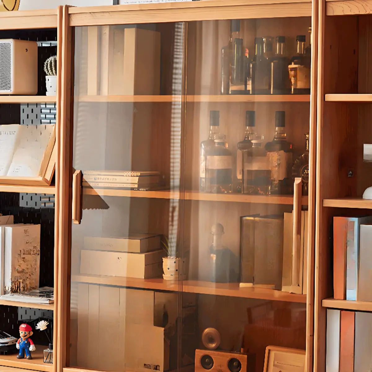 Vintage Cherry Wood Glass Doors Tall Storage Bookcase Image - 12