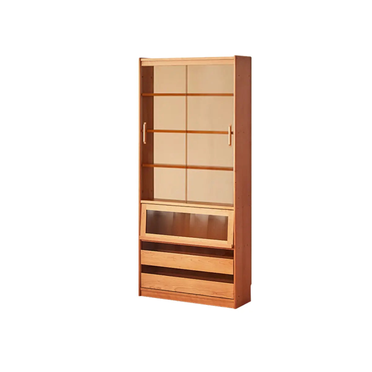 Vintage Cherry Wood Glass Doors Tall Storage Bookcase Image - 13