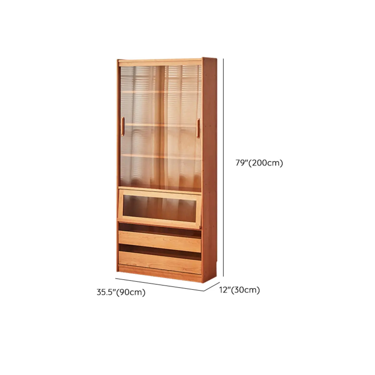 Vintage Cherry Wood Glass Doors Tall Storage Bookcase Image - 20