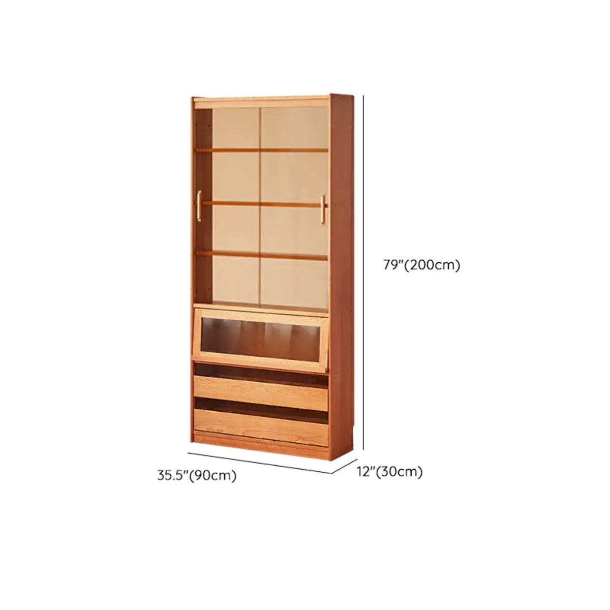 Vintage Cherry Wood Glass Doors Tall Storage Bookcase Image - 21