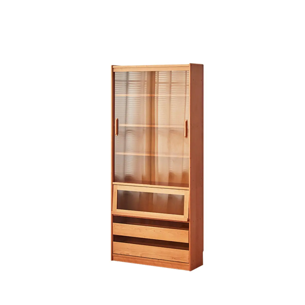 Vintage Cherry Wood Glass Doors Tall Storage Bookcase Image - 5