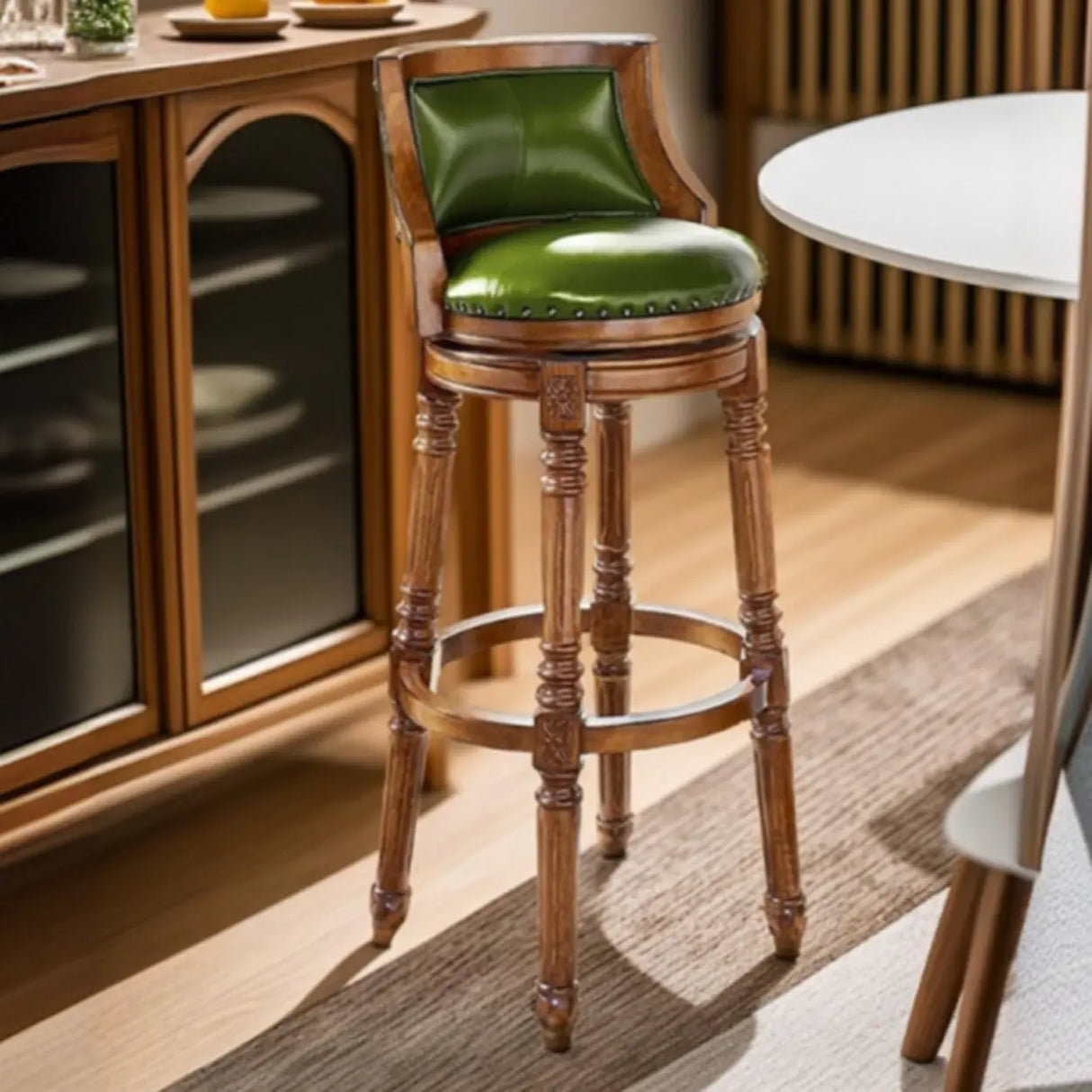 Vintage Classic Wooden Upholstered Swivel Counter Bar Stool Image - 3