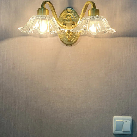 Vintage Clear Floral Glass and Brass Vanity Light Image - 2
