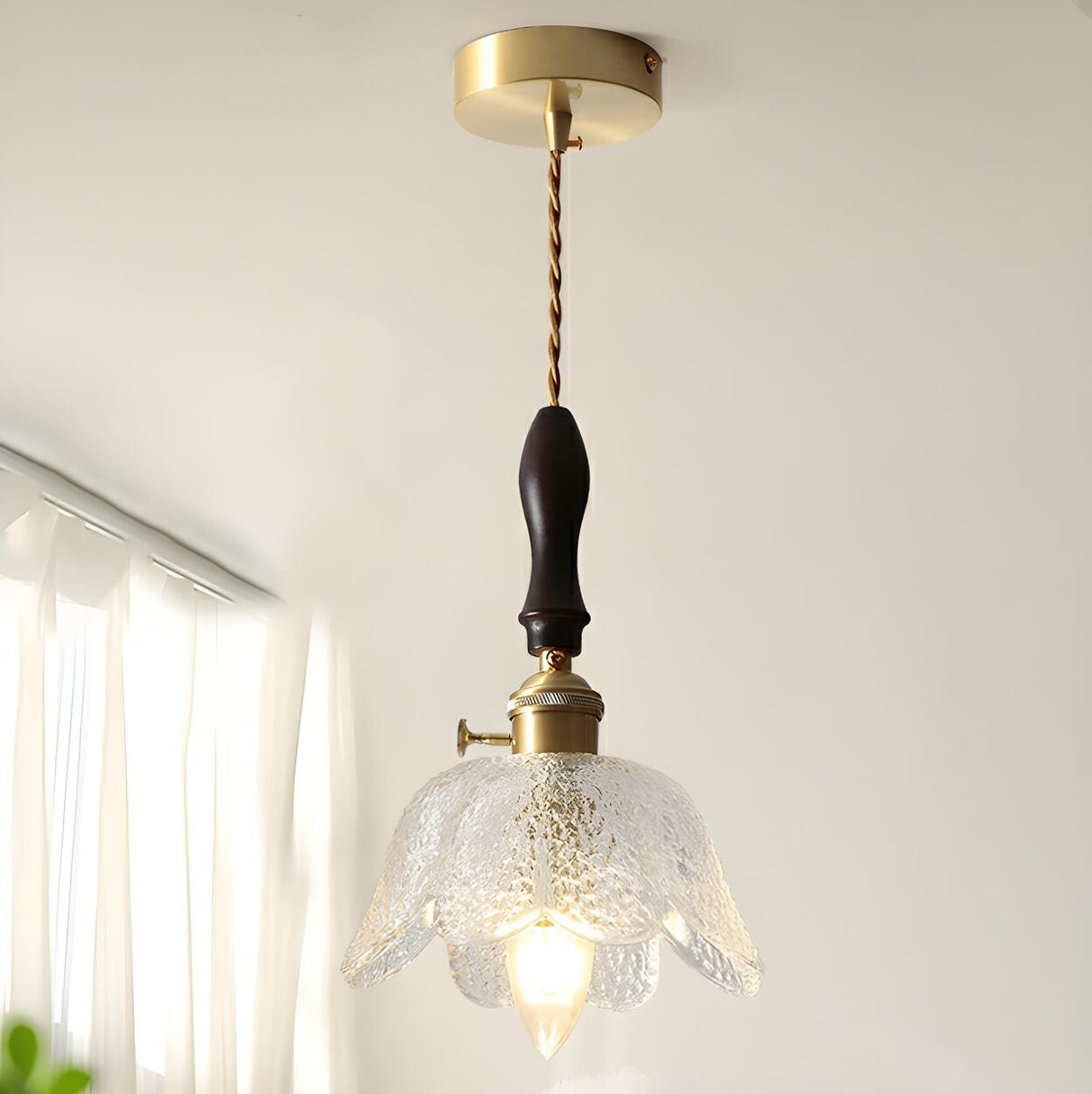 Vintage Clear Glass Flower Pendant Light Adjustable Height Image - 1