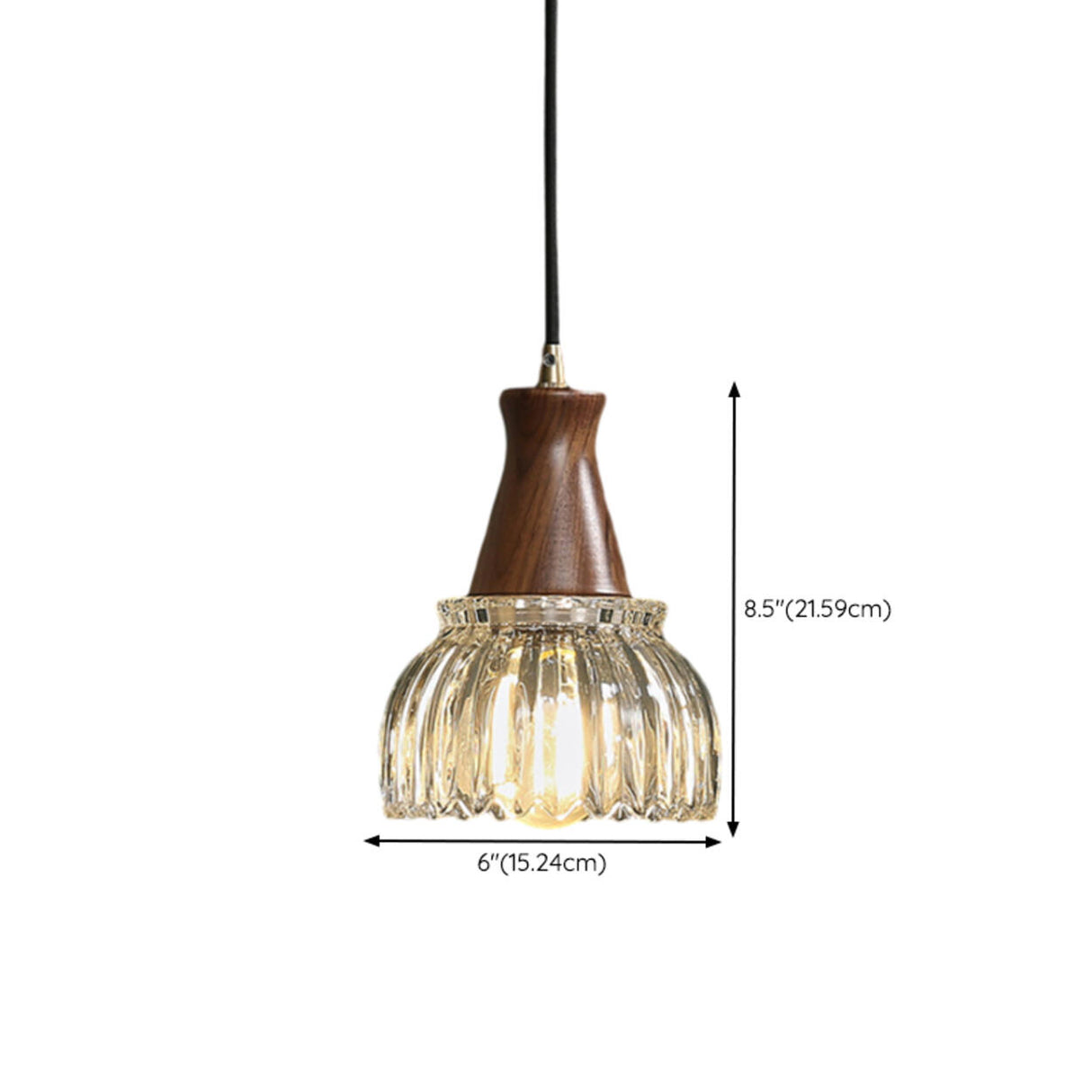 Vintage Clear Glass Walnut Wood Bell Round Pendant Light 