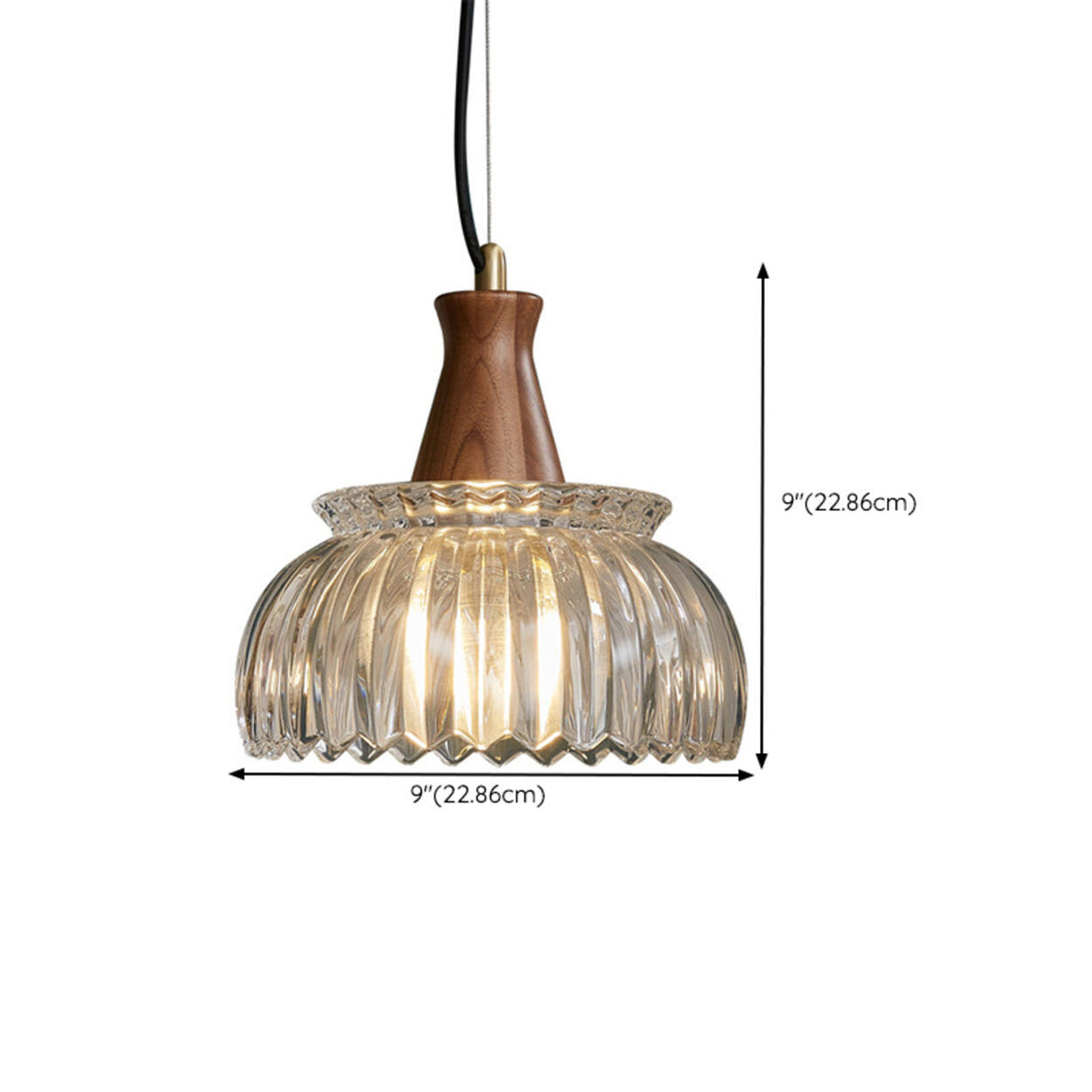 Vintage Clear Glass Walnut Wood Bell Round Pendant Light Image - 13