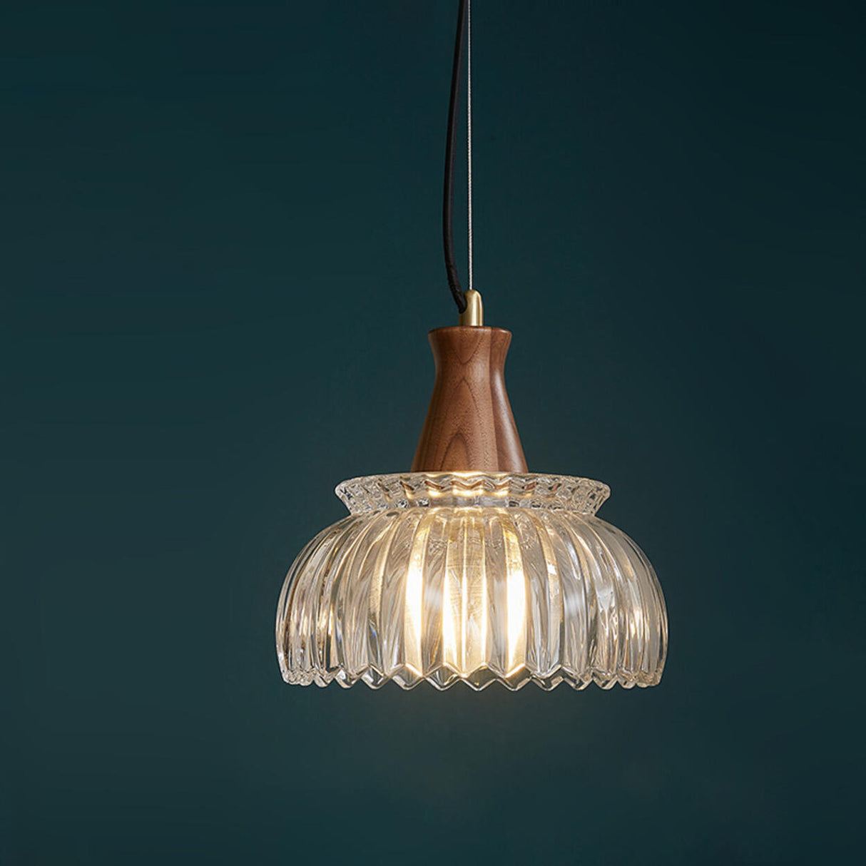 Vintage Clear Glass Walnut Wood Bell Round Pendant Light Image - 7