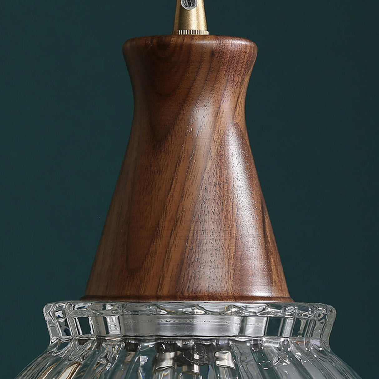 Vintage Clear Glass Walnut Wood Bell Round Pendant Light Image - 9
